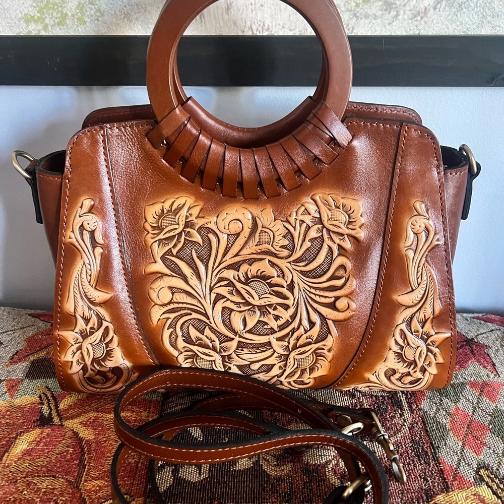 Patricia Nash Tooled Brown Embossed Handbag - Picture 4 of 14